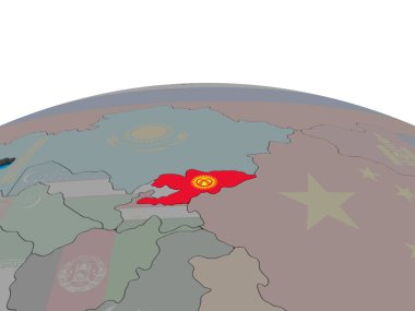 Kırgızistan ile siyasi 3d dünya üzerinde katıştırılmış ulusal bayrak. 3D çizim.