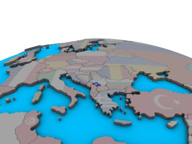Kosova politik 3d dünya üzerinde katıştırılmış ulusal bayrak ile. 3D çizim.