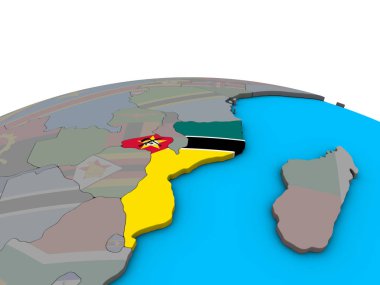 Mozambik siyasi 3d dünya üzerinde katıştırılmış ulusal bayrak ile. 3D çizim.
