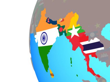 Bimstec üye devletler mavi siyasi dünya üzerinde katıştırılmış ülke bayrakları ile. 3D çizim.