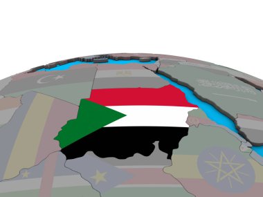 Sudan siyasi 3d dünya üzerinde katıştırılmış ulusal bayrak ile. 3D çizim.