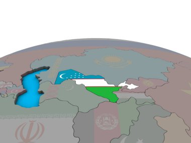 Özbekistan ile siyasi 3d dünya üzerinde katıştırılmış ulusal bayrak. 3D çizim.