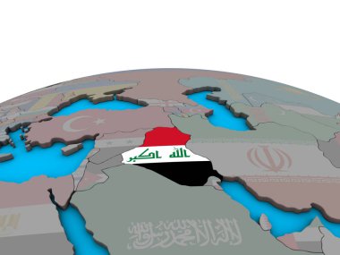 Irak siyasi 3d dünya üzerinde katıştırılmış ulusal bayrak ile. 3D çizim.