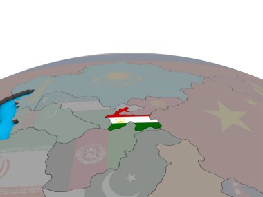 Tacikistan siyasi 3d dünya üzerinde katıştırılmış ulusal bayrak ile. 3D çizim.