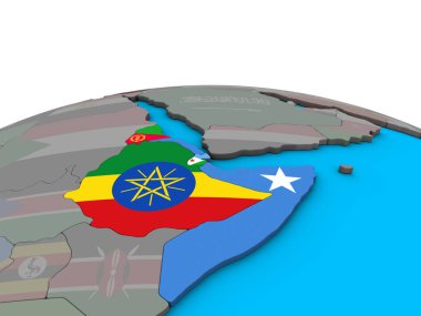 Afrika Boynuzu siyasi 3d dünya üzerinde katıştırılmış ülke bayrakları ile. 3D çizim.