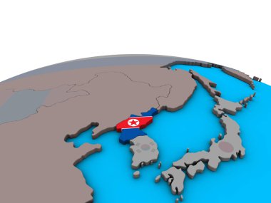 Kuzey Kore ile siyasi 3d dünya üzerinde katıştırılmış ulusal bayrak. 3D çizim.