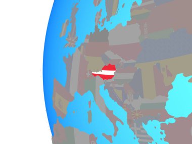 Avusturya ile katıştırılmış ulusal bayrak mavi siyasi dünya üzerinde. 3D çizim.