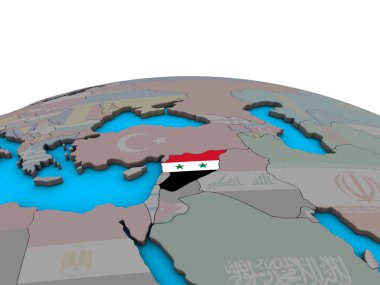 Suriye ile siyasi 3d dünya üzerinde katıştırılmış ulusal bayrak. 3D çizim.