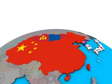 Doğu Asya siyasi 3d dünya üzerinde katıştırılmış ülke bayrakları ile. 3D çizim.