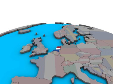 Siyasi 3d dünya üzerinde katıştırılmış ulusal bayrak ile Hollanda. 3D çizim.