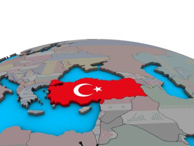 Türkiye siyasi 3d dünya üzerinde katıştırılmış ulusal bayrak ile. 3D çizim.