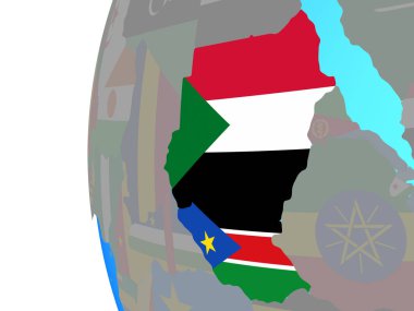 Eski Sudan mavi siyasi dünya üzerinde katıştırılmış ülke bayrakları ile. 3D çizim.