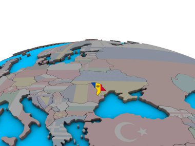 Moldova siyasi 3d dünya üzerinde katıştırılmış ulusal bayrak ile. 3D çizim.