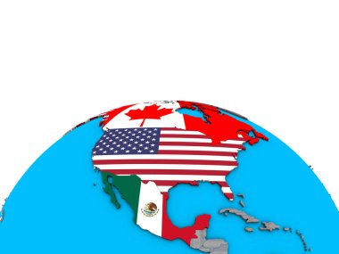 NAFTA ülkeleri siyasi 3d dünya üzerinde katıştırılmış ülke bayrakları ile. 3D çizim.
