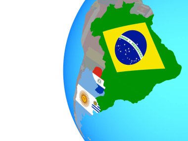 Mercosur memebers mavi siyasi dünya üzerinde katıştırılmış ülke bayrakları ile. 3D çizim.