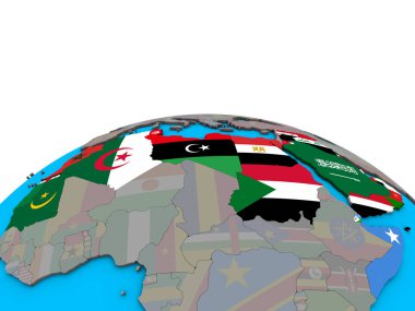 Arap Birliği siyasi 3d dünya üzerinde katıştırılmış ülke bayrakları ile. 3D çizim.