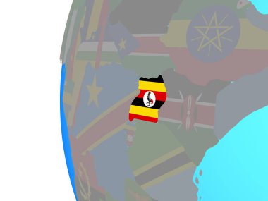 Uganda katıştırılmış ulusal bayrak mavi siyasi dünya üzerinde. 3D çizim.