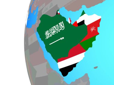 Arabistan mavi siyasi dünya üzerinde katıştırılmış ülke bayrakları ile. 3D çizim.