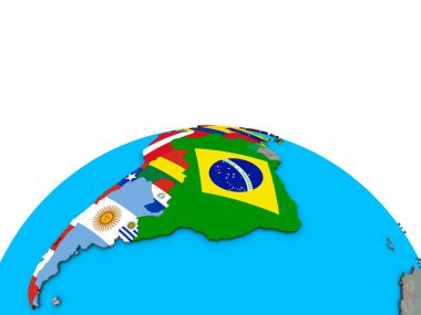 Siyasi 3d dünya üzerinde katıştırılmış ülke bayrakları ile Latin Amerika. 3D çizim.