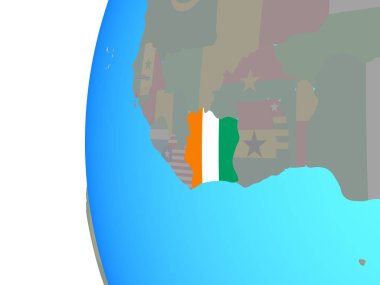 Fildişi Sahili ile katıştırılmış ulusal bayrak mavi siyasi dünya üzerinde. 3D çizim.