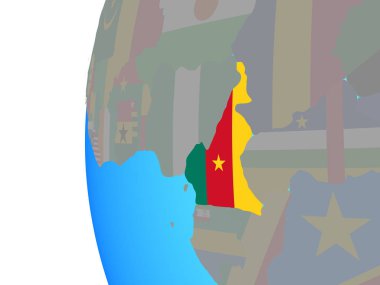 Kamerun ile katıştırılmış ulusal bayrak mavi siyasi dünya üzerinde. 3D çizim.