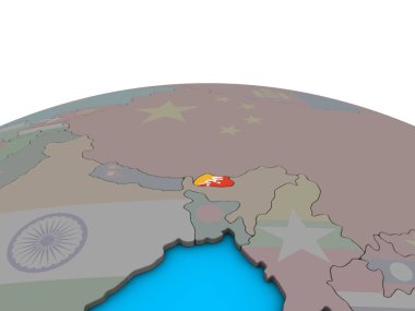 Bhutan siyasi 3d dünya üzerinde katıştırılmış ulusal bayrak ile. 3D çizim.
