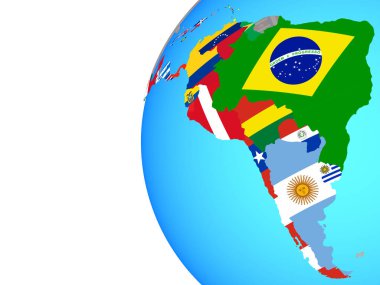 Mavi siyasi dünya üzerinde katıştırılmış ülke bayrakları ile Latin Amerika. 3D çizim.