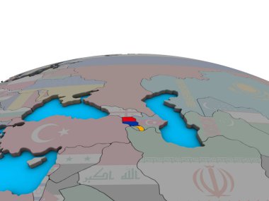Ermenistan siyasi 3d dünya üzerinde katıştırılmış ulusal bayrak ile. 3D çizim.