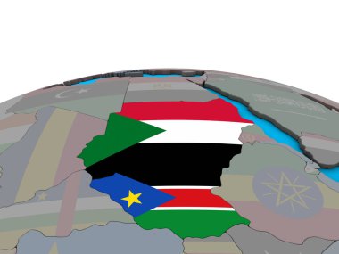 Eski Sudan siyasi 3d dünya üzerinde katıştırılmış ülke bayrakları ile. 3D çizim.