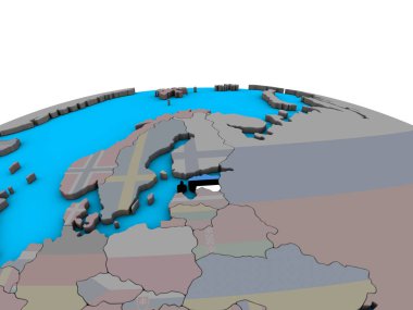 Estonya ile siyasi 3d dünya üzerinde katıştırılmış ulusal bayrak. 3D çizim.