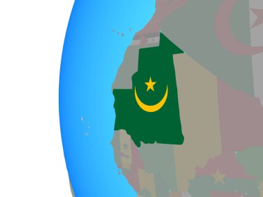 Moritanya ile katıştırılmış ulusal bayrak mavi siyasi dünya üzerinde. 3D çizim.