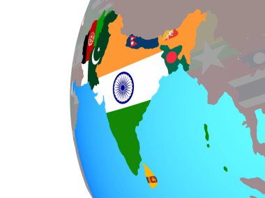 Güney Asya mavi siyasi dünya üzerinde katıştırılmış ülke bayrakları ile. 3D çizim.