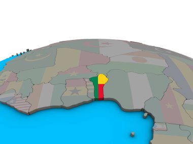 Benin siyasi 3d dünya üzerinde katıştırılmış ulusal bayrak ile. 3D çizim.