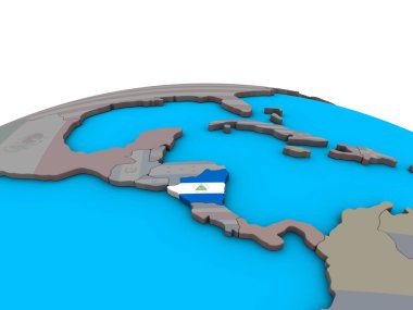 Nikaragua ile siyasi 3d dünya üzerinde katıştırılmış ulusal bayrak. 3D çizim.