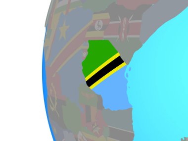 Tanzanya ile katıştırılmış ulusal bayrak mavi siyasi dünya üzerinde. 3D çizim.