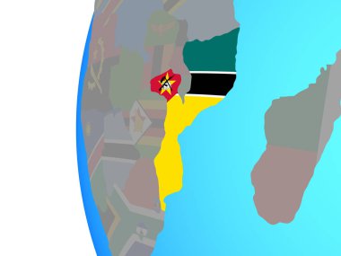 Mozambik katıştırılmış ulusal bayrak mavi siyasi dünya üzerinde. 3D çizim.