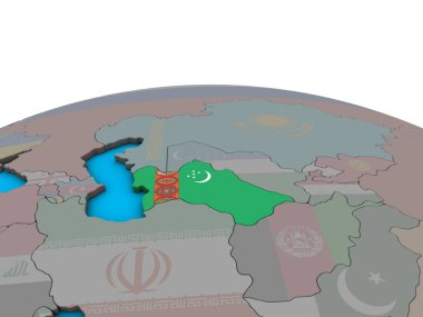 Türkmenistan ile siyasi 3d dünya üzerinde katıştırılmış ulusal bayrak. 3D çizim.