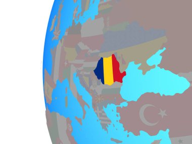 Romanya ile katıştırılmış ulusal bayrak mavi siyasi dünya üzerinde. 3D çizim.