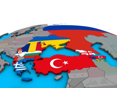 BSEC ülkelerle siyasi 3d dünya üzerinde katıştırılmış ülke bayrakları. 3D çizim.