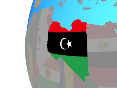 Libya ile katıştırılmış ulusal bayrak mavi siyasi dünya üzerinde. 3D çizim.