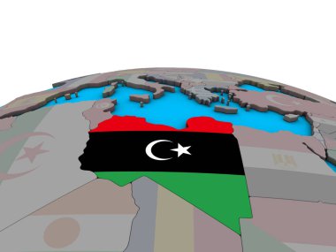 Libya siyasi 3d dünya üzerinde katıştırılmış ulusal bayrak ile. 3D çizim.