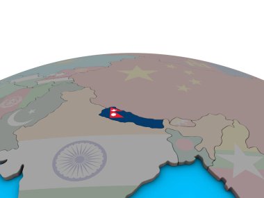 Nepal siyasi 3d dünya üzerinde katıştırılmış ulusal bayrak ile. 3D çizim.