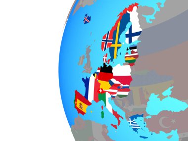 Schengen alanı üyeleri mavi siyasi dünya üzerinde katıştırılmış ülke bayrakları ile. 3D çizim.