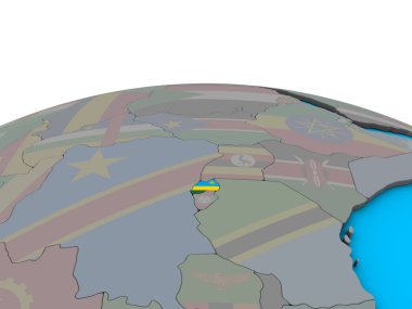 Siyasi 3d dünya üzerinde katıştırılmış ulusal bayrak ile Ruanda. 3D çizim.