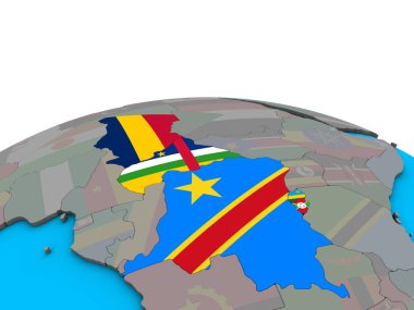 Orta Afrika siyasi 3d dünya üzerinde katıştırılmış ülke bayrakları ile. 3D çizim.