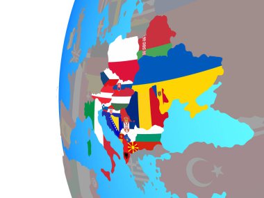 CEI ülkeler mavi siyasi dünya üzerinde katıştırılmış ülke bayrakları ile. 3D çizim.