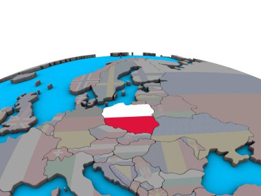 Polonya siyasi 3d dünya üzerinde katıştırılmış ulusal bayrak ile. 3D çizim.