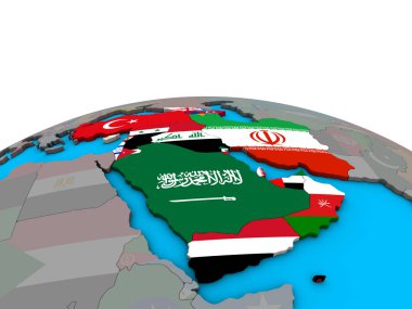 Batı Asya siyasi 3d dünya üzerinde katıştırılmış ülke bayrakları ile. 3D çizim.