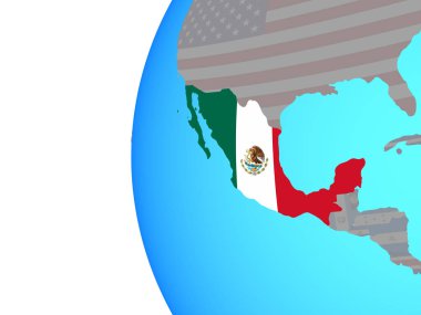 Meksika ile katıştırılmış ulusal bayrak mavi siyasi dünya üzerinde. 3D çizim.