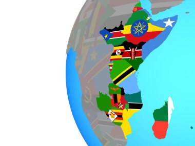 Mavi siyasi dünya üzerinde katıştırılmış ülke bayrakları ile Doğu Afrika. 3D çizim.